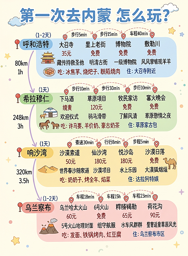 把这张内蒙古旅游攻略思维导图转换为清晰可爱的卡通风格，保留全部文字和行程信息，画面整洁清晰