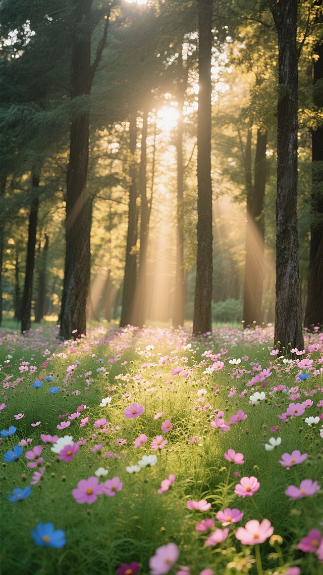 阳光透过茂密森林的高大树木，形成金色的光束洒落在一片盛开的波斯菊花海中，粉色、蓝色和白色的花朵在绿色草地上绽放，光影斑驳，充满生机与梦幻感的自然背景，温暖明亮的氛围，细腻的植物纹理，景深效果使前景花朵清晰而后景树木渐显朦胧。
