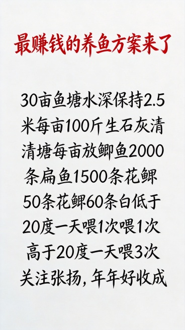 将图片文字替换为“最赚钱的养鱼方案来了 30亩鱼塘水深保持2.5米每亩100斤生石灰清塘每亩放鲫鱼2000条扁鱼1500条花鲢50条白鲢60条低于20度一天喂1次高于20度一天喂3次 关注张扬，年年好预览效果