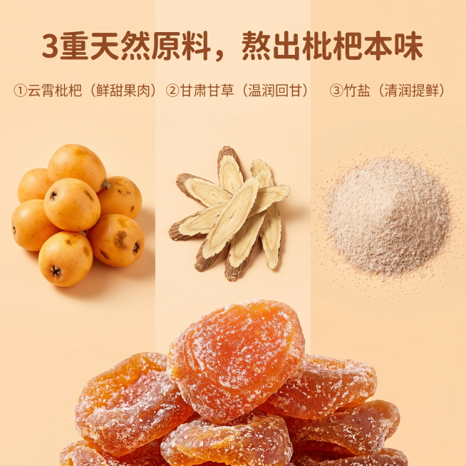 [主图 2] 原料拆解图
[氛围风格] 极简质感风，年轻简约，突出天然纯净原料；
[画质] 商业摄影质感，光线柔和通透，产品清晰真实，画面干净高级；
[元素] 三分构图布局：左侧展示带核新鲜完整枇杷，预览效果