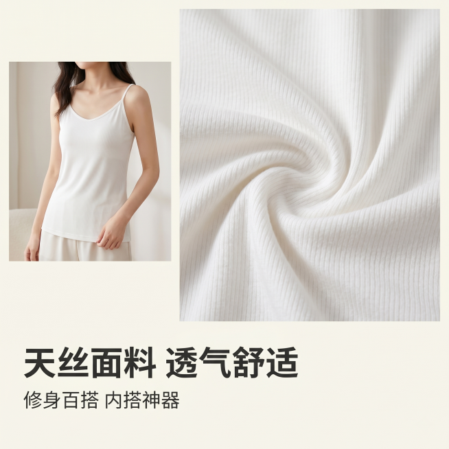 [主图 5] 卖点展示拼图，整体呈现天丝吊带背心的舒适属性。[氛围风格] 清新简约，和整套主图风格保持一致。[色彩] 整体干净奶白色调，和前面统一。[画质] 商业时尚摄影质感，光线柔和通透，产品清晰真预览效果