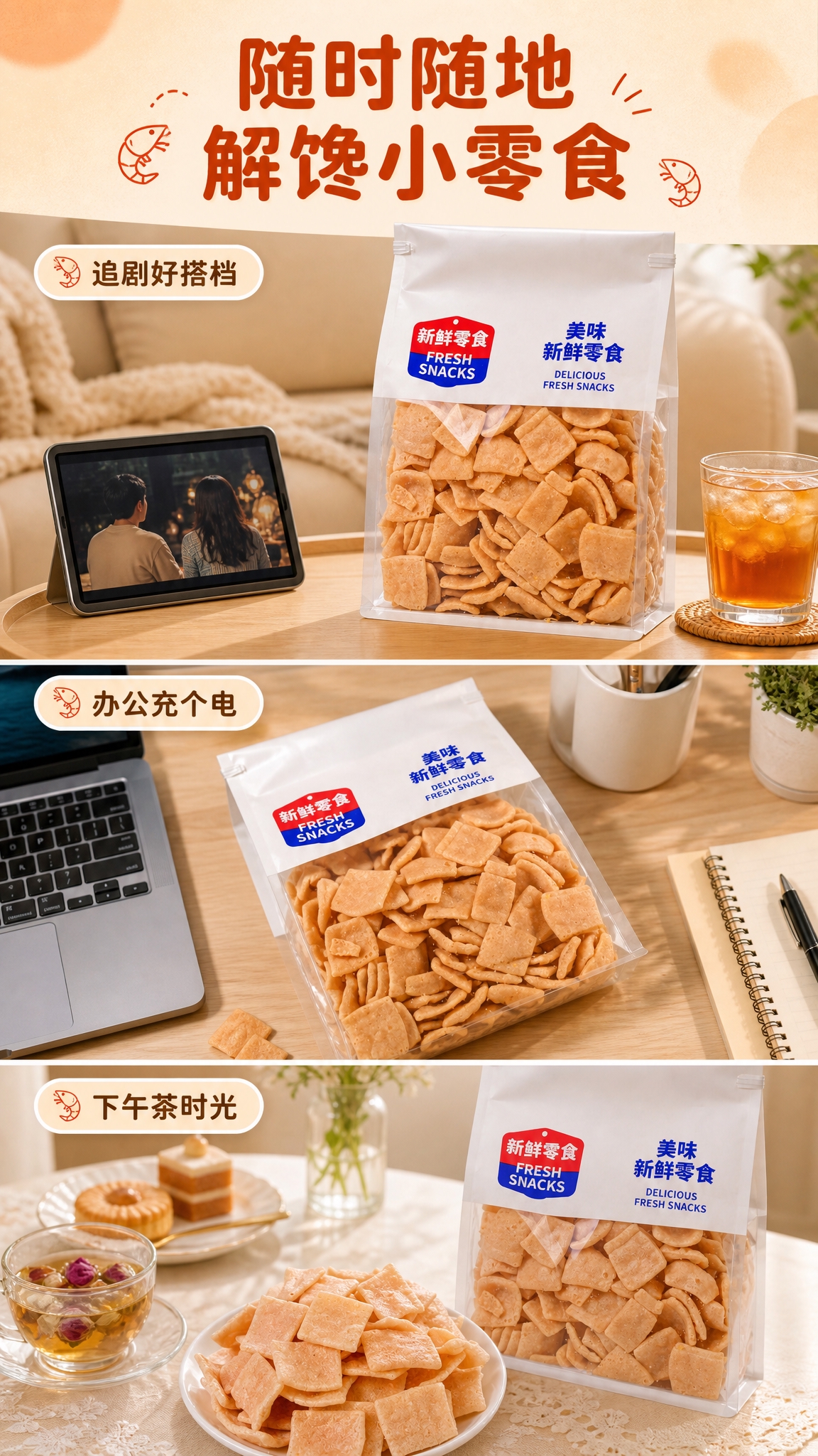 [商品] 使用【图5】袋装虾片产品图 + 【图1】盘装虾片图；… - 图片创意预览