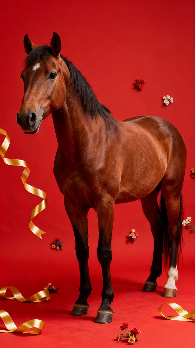 国潮风与鎏金风交融，骏马立于红幕前，金丝带与繁花点缀，营造喜庆奢华的实景感，唯美感与优雅感并存，宛如油画中走出的节日画卷。