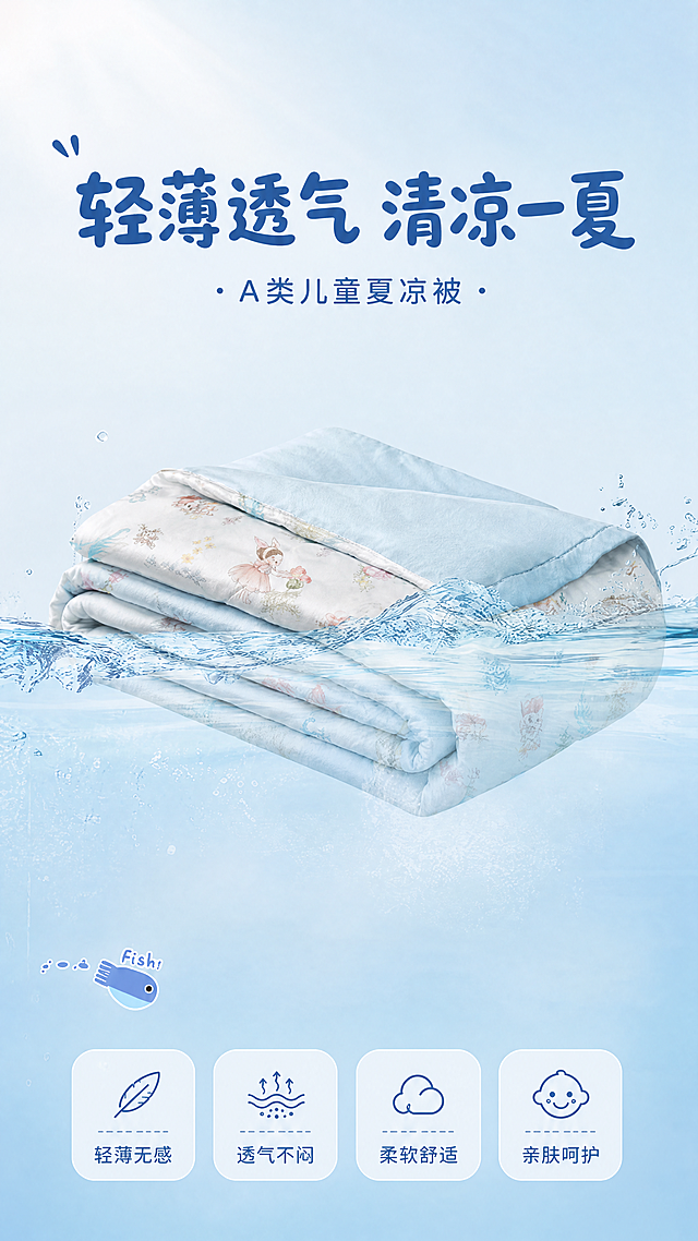 [第1屏] 详情页头图-儿童夏凉被宣传海报。本屏需要展示浅蓝色底卡通印花儿童夏凉被整体产品，参考image2和image3的产品外观，保持产品的物理结构、材质质感、颜色与印花一致。
[氛围/风格] 清新清爽的浅蓝色调，温馨治愈商业摄影风格，干净通透，符合母婴用品的软萌可爱气质。
[元素布局] 在画面中上部，儿童夏凉被折叠展示在水中，呈现一半浸入水中的效果，水面带有自然水波纹和水花，保持夏凉被结构不变，夏凉被占据画面60%-70%主体位置。背景为渐变浅蓝色，左下角点缀小鱼卡通装饰元素，整体干净通透不杂乱。
[光影质感] 顶部柔和主光源，突出夏凉被面料质感，整体明暗层次清晰，边缘自然，产品真实清晰。
[配色色系] 全局底色：#e8f4fc（浅冰蓝）；主体配色：浅蓝底+柔和马卡龙彩色卡通印花；辅助色：深蓝色文字+浅蓝色水花。
[视角构图] 正面平视，主体居中偏下，上半部分留给标题，画面构图舒适符合手机端竖屏阅读。
[文字版式] 上方主标题"轻薄透气 清凉一夏"，副标题"A类儿童夏凉被"，字体圆润可爱，主标题字号大，副标题在下方居中；下方四个圆角图标卖点区，四个卖点分别为"轻薄无感"、"透气不闷"、"柔软舒适"、"亲肤呵护"，图标简约可爱，文字排版整齐不遮挡主体产品。所有文字清晰可读，中文简体，排版层次分明。
[比例分辨率] 9:16竖版比例，4K分辨率，文字清晰可辨。
[负向提示词] 产品变形，颜色偏差，印花错乱，文字模糊，文字错乱，水印，背景杂乱，结构错误，违规宣传