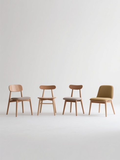 四个不同设计风格的椅子，以相同的白色纯色背景、清晰的产品摄影风格、柔和均匀的正面光影、高分辨率细节和简约现代的构图，规整排布成一组。每张椅子保留原木色支架的温暖质感和不同材质坐垫的细腻纹理，整体保持统一的干净视觉效果和专业产品展示氛围，无任何文字、logo或水印。预览效果