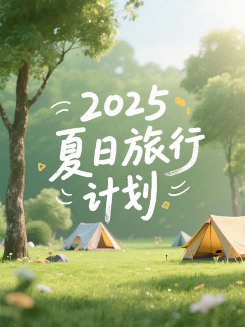 文字内容为“2025 夏日旅行计划”，手写涂鸦艺术字，背景为草地露营实景图，小清新风格，简约，高级感预览效果
