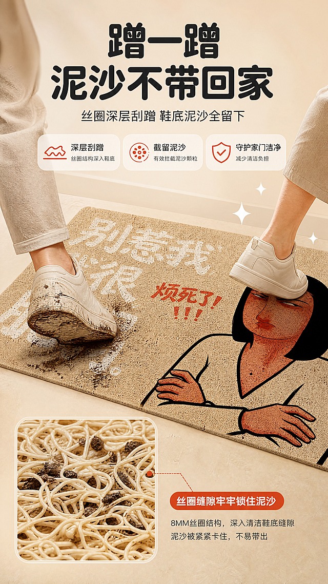 [商品] 使用【图1】米色丝圈入户地垫；保留地垫完整图案、8MM丝圈材质纹理、米色底色；增强丝圈颗粒质感，展示丝圈缝隙中卡住泥沙颗粒的细节效果，不改变地垫版型和颜色图案。
[画面] 目标：蹭泥沙功能演示页。构图：左右对比结构，左侧展示带泥的脚踩上地垫，右侧展示蹭干净的脚和地垫截留的泥沙；地垫横向铺展，占画面约55%；搭配泥沙颗粒放大示意。阅读动线：从左到右，左标题→左带泥脚→中地垫→右干净脚。前中后景：前景地垫丝圈缝隙泥沙细节，中景脚部蹭动动作，后景浅米色入户地面。
[视觉] 套系策略：风格=温馨趣味家居商业摄影；标题字=粗黑体圆润字形；正文字=简洁无衬线黑体；主色=暖米杏；背景延展=基于暖米杏做深浅层级、同色渐变和细腻地面质感；强调色=暖橘红，仅用于小面积图标、引线、标签和重点文字高亮；标题色=深炭灰；正文色=中暖灰；组件=圆角浅底信息卡、细线引线、泥沙颗粒放大框；光影=左前侧暖柔光，自然均匀。
[文字] 顶部主标题"蹭一蹭 泥沙不带回家"，副标题"丝圈深层刮蹭 鞋底泥沙全留下"，中部加3个功能卖点"深层刮蹭""截留泥沙""守护家门洁净"，底部加放大示意框"丝圈缝隙牢牢锁住泥沙"；所有文字横向排版。
[规格] 图片比例9:16竖版，4K，避免变形、错字、文字过小、冷蓝/蓝灰背景、地垫颜色改变、图案失真、绝对化用语、过度夸张脏污。