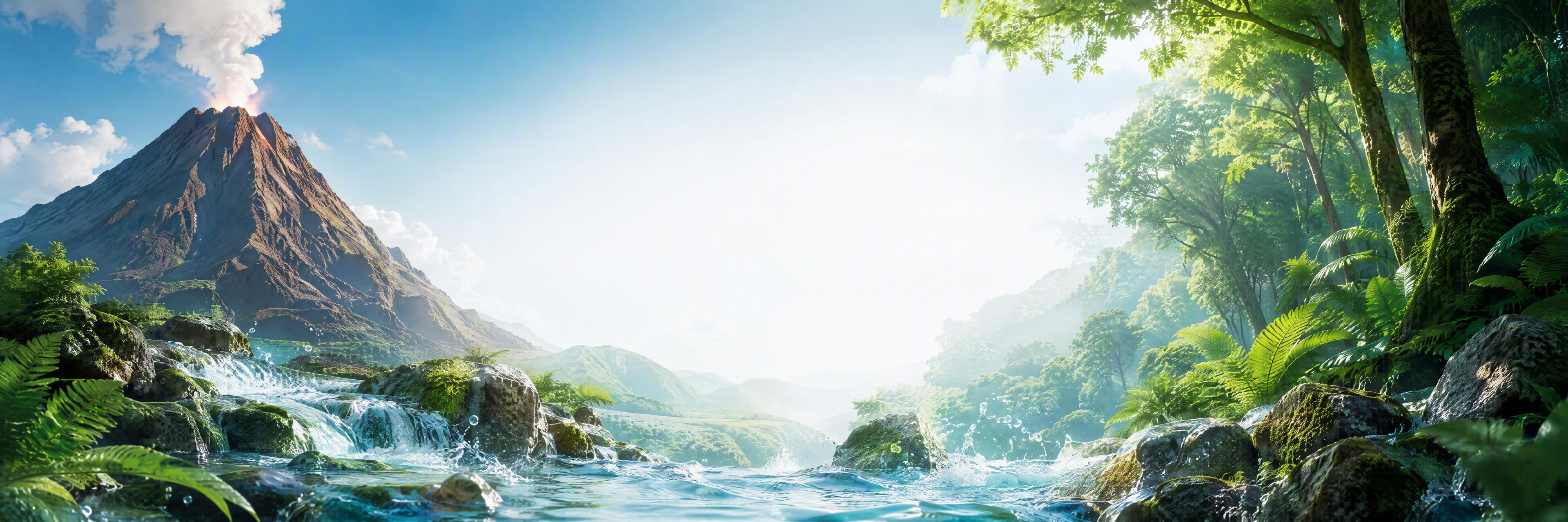 天然苏打水标签背景图，宽幅横向构图。画面左侧是雄伟的活火山，火… - 图片创意预览