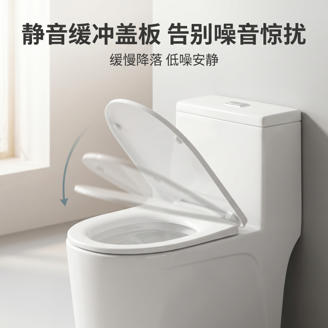 [主图 7] 马桶盖板静音缓冲演示图。[氛围风格] 动态直观，干净清晰；[画质] 商业摄影质感、光线柔和通透、产品清晰真实、画面干净高级。[元素] 展示马桶盖板缓慢闭合的动态瞬间，保持马桶产品外观、材预览效果