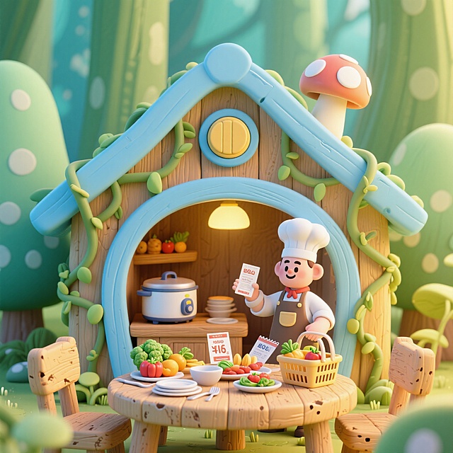 3D卡通风格，拟人化小屋与厨师，超现实森林场景，温馨可爱。