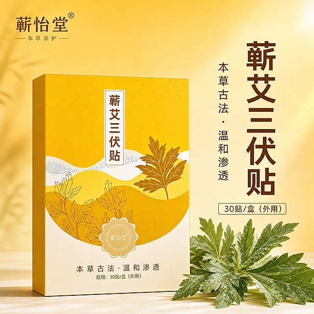 [主图-1] 蕲艾三伏贴首图 品牌调性展示 极简草本静物风格
[统一基调] 国潮草本暖黄主色调 背景为渐变暖黄色到米白色 主标题深棕色 辅助文字浅棕色 强调色为艾草金棕色 字体为干净非衬线体 标题粗体 说明文字常规 整体高级自然 商业摄影质感
[画面] 产品包装盒居中偏左放置 占画面约55% 正面朝向观众 略微仰视角度 盒子下方有柔和接触阴影 盒子右下方摆放几枝新鲜艾草叶片 叶片自然舒展 有晨露光泽 背景为柔和的暖黄色渐变 左上角放置蕲怡堂品牌Logo 右上角有金色光晕效果 营造温暖草本氛围
[光影质感] 柔光箱打光 主光从左上方45度照射 产品右侧有柔和补光 盒子表面有自然的明暗过渡 体现纸质包装质感 艾草叶片有清晰叶脉纹理和自然光泽 整体光影柔和温暖
[配色] 主色暖黄色 辅助色米白 深棕 艾草金棕色 点缀少量绿色 整体色调统一温暖
[文字版式] 左上角品牌Logo 蕲怡堂 右侧主标题大字竖排或横排 蕲艾三伏贴 下方副标题 本草古法 温和渗透 底部小字 30贴/盒 文字放在负空间 不遮挡产品主体
[输出要求] 1:1比例 文字清晰可读 产品清晰完整 无变形 无错字 无模糊 无杂乱元素 无水印 无平台Logo 禁止出现医疗功效暗示