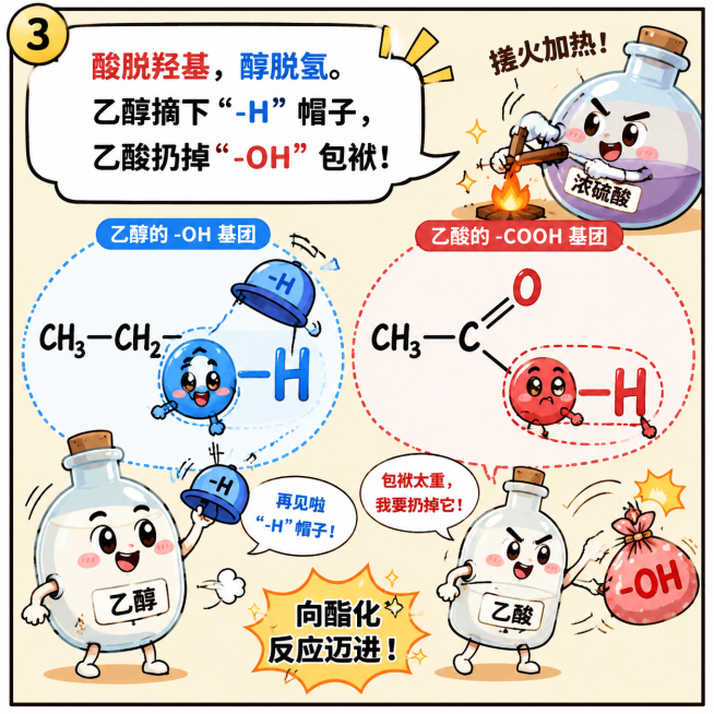 卡通分镜漫画第三格：特写放大乙醇的-OH基团和乙酸的-COOH基团，浓硫酸在一旁搓火加热，配旁白：酸脱羟基，醇脱氢。乙醇摘下"-H"帽子，乙酸扔掉"-OH"包袱，风格为可爱科普漫画，线条清晰，色彩明亮预览效果
