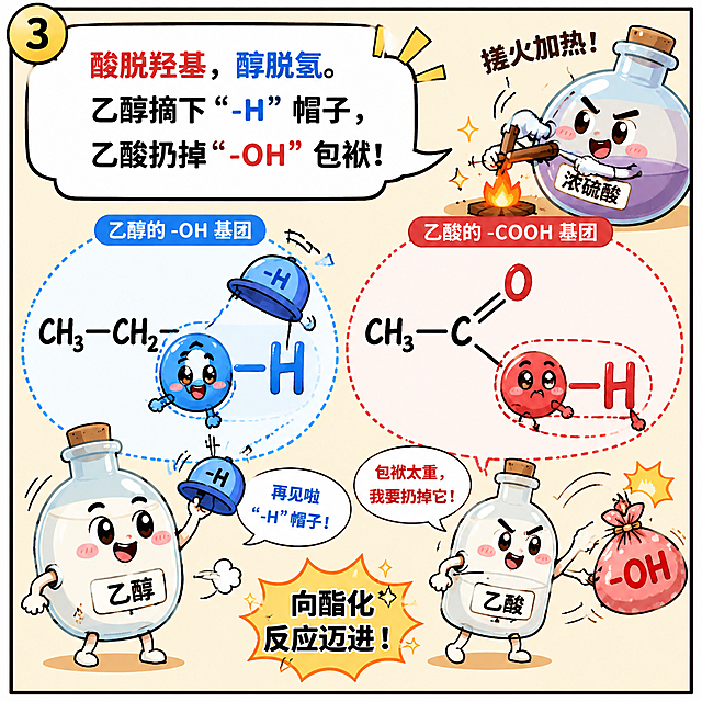 卡通分镜漫画第三格：特写放大乙醇的-OH基团和乙酸的-COOH基团，浓硫酸在一旁搓火加热，配旁白：酸脱羟基，醇脱氢。乙醇摘下"-H"帽子，乙酸扔掉"-OH"包袱，风格为可爱科普漫画，线条清晰，色彩明亮