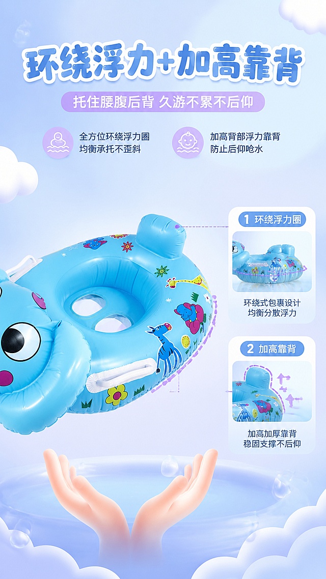 [第4屏] 环绕浮力+加高靠背 - 均衡承托腰腹，防后仰呛水。本屏使用【图3】作为商品主体，展示背部加高浮力靠背。
[氛围/风格] 舒适安心感，侧面结构展示，柔和亲子氛围。
[元素布局] 游泳圈侧后方45度角摆放，突出背部加高的浮力靠背部分，占画面约50%；旁边配侧面示意图，标注「环绕浮力圈」和「加高靠背」两个位置，用箭头指示；背景是渐变淡蓝色，有云朵、浮力气泡、托举的手掌图形装饰；产品颜色、大象造型、印花、靠背凸起部分与原图完全一致。
[光影质感] 侧后方柔光，突出靠背的弧度和厚度，整体柔和温暖。
[配色色系] 全局底色 #F0F7FF 浅蓝紫；主色天蓝 #5BA3D9；辅助色淡紫 #D4B8FF、米白。
[视角构图] 侧后方45度视角，左侧产品+右侧标注说明，阅读动线清晰。
[文字版式] 顶部主标题「环绕浮力+加高靠背」，粗圆体；副标题「托住腰腹后背 久游不累不后仰」；卖点分两行：「全方位环绕浮力圈 均衡承托不歪斜」「加高背部浮力靠背 防止后仰呛水」；配托举手势图标。
[比例分辨率] 9:16竖版比例，4K分辨率，文字清晰可辨。
[负向提示词] 产品变形，靠背结构错误，颜色偏差，文字过小，水印。