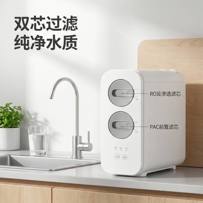 [主图 4] 双芯过滤结构展示。[氛围风格] 家居治愈风，通透清晰质感。[画质] 商业摄影质感、光线柔和通透、产品清晰真实、画面干净高级。[元素] 厨下净水机放置在整洁的现代厨房水槽旁场景，产品主体完预览效果