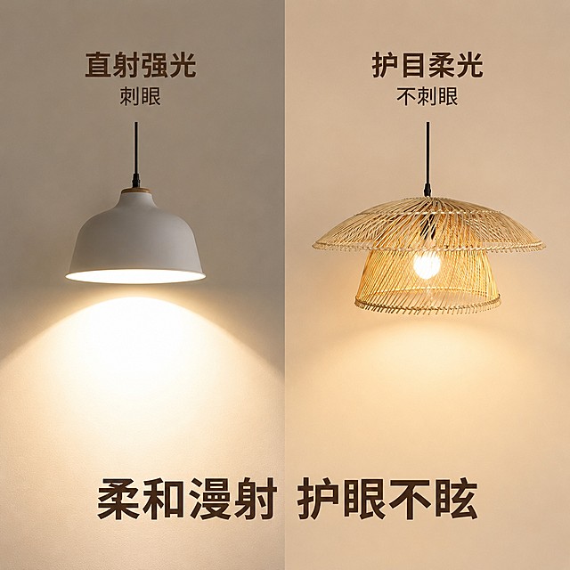 [主图-5] 禅意藤编吊灯对比护眼展示图
[氛围风格] 清晰直观功能对比，自然真实质感
[画质] 商业摄影质感、光线柔和通透、产品清晰真实、画面干净高级
[元素] 保持禅意藤编吊灯外观材质颜色与原图完全一致，杜绝任何变形色差。采用左右对比版式，右侧展示本产品开灯效果，光线为柔和漫射光，墙面光影均匀；左侧展示普通硬罩吊灯强光效果，光线刺眼直射。左右明暗对比直观，突出本产品护眼优势
[光影] 本产品侧光线柔和漫射，无硬阴影，普通灯侧光线直射偏硬，对比清晰
[配色] 自然暖调，保持产品原有色调，对比区域背景统一素色
[视角构图] 左右分屏对比，两边产品高度一致，视角一致
[文字版式] 右侧标注“护目柔光 不刺眼”，左侧标注“直射强光 刺眼”，下方中间大字写“柔和漫射 护眼不眩”，深木色粗体，文字不遮挡产品
[比例分辨率] 1:1比例，4k分辨率，文字清晰锐利，超高清
[负向提示词] 变形，文字错乱，产品图模糊，背景杂乱，水印，电商平台Logo，绝对化违禁词
