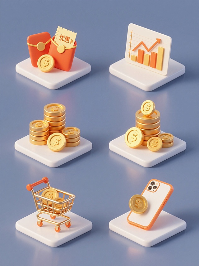一套6张的系列素材集合，每张素材均为规整排布的单一元素图案，图案包含红包和金币的组合、数据图和金币的组合、优惠券和金币的组合、一堆金币、购物车和金币的组合、手机和金币的组合6个基本元素内容，整体造型简约现代，用纯色背景，采用3D立体风格，主色调为金色和橙色，搭配白色高光和阴影细节，物体表面有光滑的金属质感和轻微的渐变效果，光线从斜上方照射，形成清晰的明暗对比，构图采用居中对称布局，元素之间比例协调，具有简洁的设计感和高效的信息传达效率，符合现代商业宣传的审美和目的。