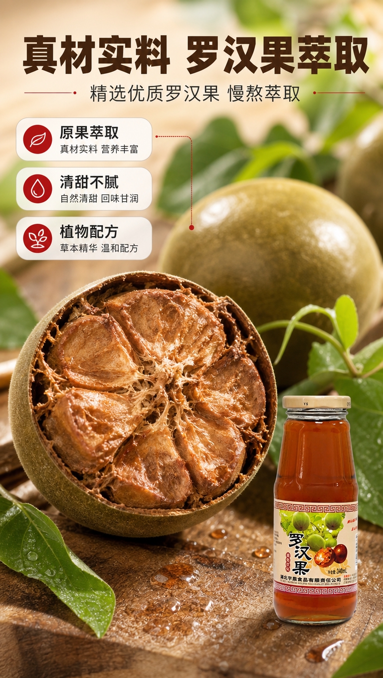 [商品] 使用【图1】罗汉果植物饮料玻璃瓶作辅助展示；保留瓶身… - 图片创意预览