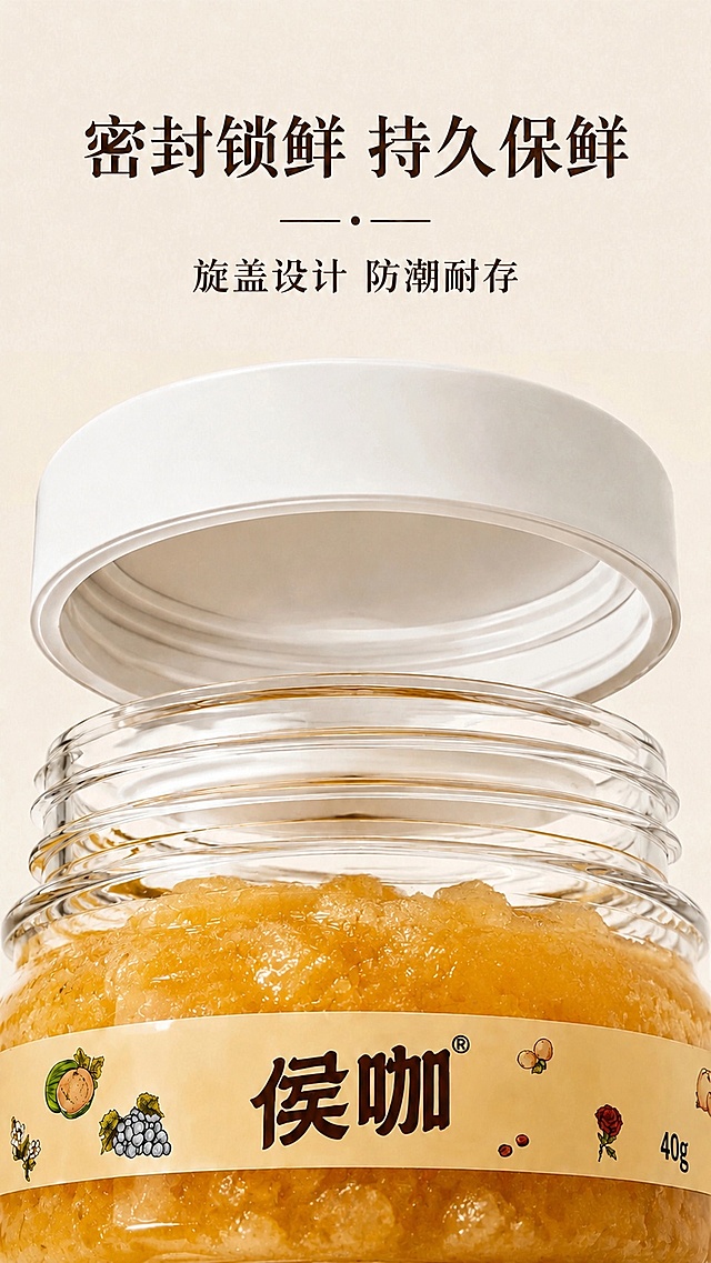 将这个玻璃罐子内部的酱料修改为和参考图一致的晶莹剔透的颗粒状真实果肉，保留罐子、旋盖、标签文字和整体构图不变，只修改罐内内容物，让果肉颗粒清晰可见，呈现透亮琥珀黄色，保留真实果肉纤维，整体光影和质感和原图一致。