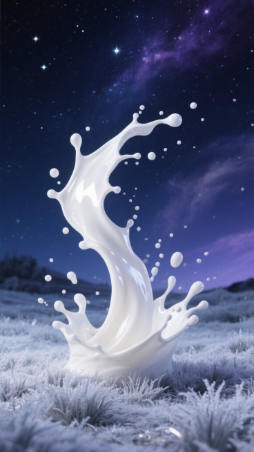 3D渲染风格的奶粉主题场景，画面中心是动态飞溅的白色奶花，奶滴在空中四散飞溅，具有光滑细腻的质感和清晰的高光反光，背景改为夜晚的星空环境，深邃的深蓝色夜空点缀着闪烁的星星和朦胧的星云，地面是覆盖着薄霜的银色草地，整体配色以深蓝、银白、深紫为主，营造出静谧梦幻的氛围，保持高清晰度和写实的液体物理效果，突出奶粉纯净、天然的特质。预览效果