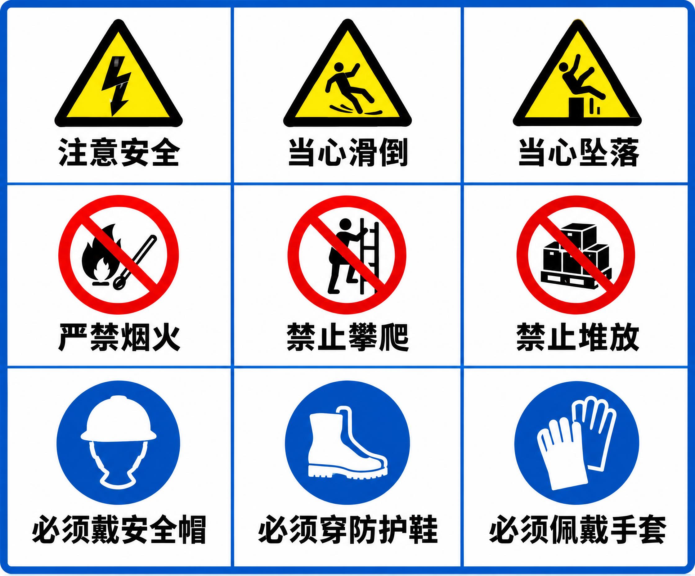 高清重绘这张安全标识示意图，保持3行3列的九宫格布局，修正每个… - 图片创意预览