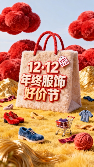 主视觉为一个大型购物袋，购物袋上展示3D文字 “12·12 年终服饰好价节”。购物袋上挂着小字标签“VIP折上折”，背景为高饱和红黄配色，微缩元素（鞋子、衣服、购物车、围巾、毛线球）装饰。预览效果
