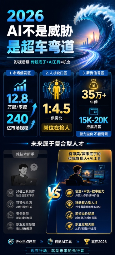 现代简约数据信息图，采用浪潮视觉隐喻，突出2026年AI对影视后期行业的关键转折。主标题文字"2026 AI不是威胁 是超车弯道"，副标题文字"影视后期 传统底子+AI工具=机会"，核心数据分区展示：预览效果