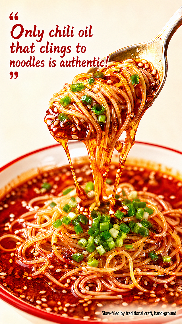 Based on the original image, change all Chinese text to English, keep the original food photo, composition, color matching and style unchanged. Do not modify the food part, only translate the text.

Text translation:
Quotation at top left: "Only chili oil that clings to noodles is authentic!"
Subtitle at bottom right: Slow-fried by traditional craft, hand-ground

Keep the original position: quotation is red calligraphy on the top left, subtitle is black text at bottom right. Keep the original layout, font style and all visual elements except text unchanged. Global background #FFF8F0. 4K resolution 9:16 vertical, all text is clear and readable.

Negative prompt: text error, text garbled, food distortion, color change, watermark.