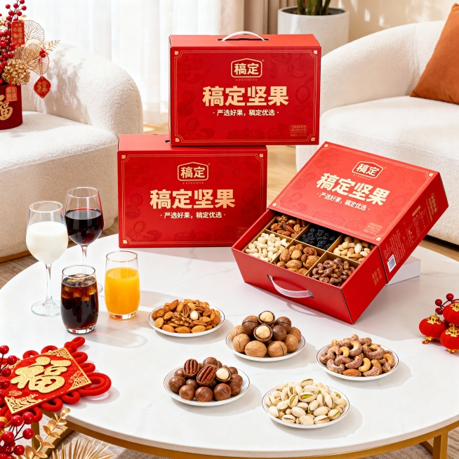 真实摄影图像，客厅室内空间，奶油风，客厅茶几上摆放着坚果礼盒组合，坚果礼盒有三种样式，这三个坚果礼盒在视觉中心并形成前后错开放置，右侧有一个礼盒呈打开的姿势，并向镜头倾斜，展示礼盒内部样貌，茶几左侧，预览效果