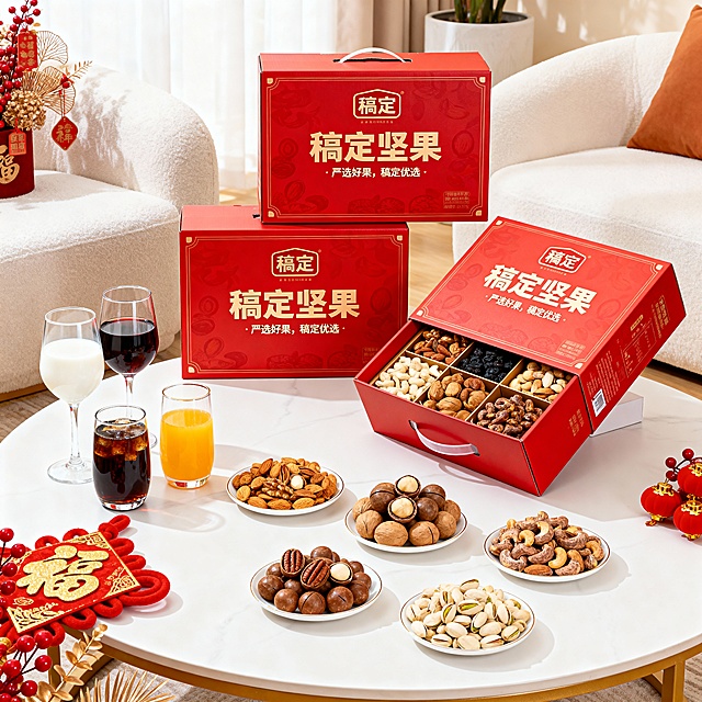真实摄影图像，客厅室内空间，奶油风，客厅茶几上摆放着坚果礼盒组合，坚果礼盒有三种样式，这三个坚果礼盒在视觉中心并形成前后错开放置，右侧有一个礼盒呈打开的姿势，并向镜头倾斜，展示礼盒内部样貌，茶几左侧，礼盒前侧放置几杯大小不一的红酒杯，里面是牛奶、橙汁、可乐。视觉中心礼盒前面是几盘坚果盘。
新春装饰环绕烘托氛围，视觉热闹且突出产品。色彩：正红 + 鎏金 + 坚果暖棕为主，色调偏暖白。风格：新春集市 + 超市促销风，元素质感饱满（年货包装细节、装饰元素光泽、背景氛围）。画面背景虚化。坚果礼盒为正红色。拍摄角度：低角度，以坚果礼盒为视觉中心。背景提亮，背景虚化。
商品名称稿定坚果，商品品牌为稿定，商品宣传为严选好果，稿定优选）；包装盒只保留品牌名和品牌名称和宣传语，画面干净整洁。整个画面布局紧凑，丰富饱满。