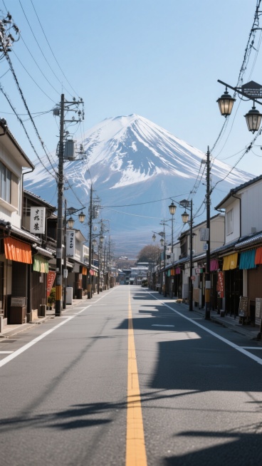 超写实高清大师摄影，日本街头风景，对称式构图广角镜头尽显纵深感，明亮自然光自上方洒下，深灰街道、暖橙白建筑、洁白雪山与淡蓝天空色彩和谐，中央空旷柏油街道有黄白标线，两侧日式传统建筑挂多彩招牌布帘，复古路灯与交错电线成网状，远处巍峨富士山蓝灰山体配皑皑白雪，前景路面纹理至背景雪山轮廓皆锐利清晰，宁静祥和氛围尽显。预览效果