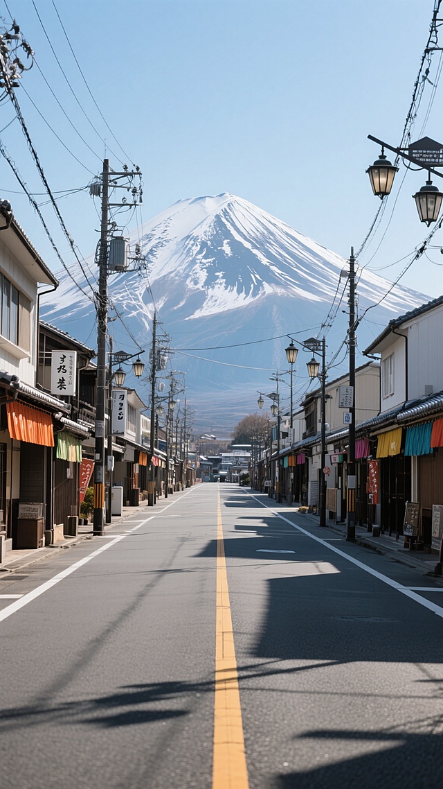 超写实高清大师摄影，日本街头风景，对称式构图广角镜头尽显纵深感，明亮自然光自上方洒下，深灰街道、暖橙白建筑、洁白雪山与淡蓝天空色彩和谐，中央空旷柏油街道有黄白标线，两侧日式传统建筑挂多彩招牌布帘，复古路灯与交错电线成网状，远处巍峨富士山蓝灰山体配皑皑白雪，前景路面纹理至背景雪山轮廓皆锐利清晰，宁静祥和氛围尽显。