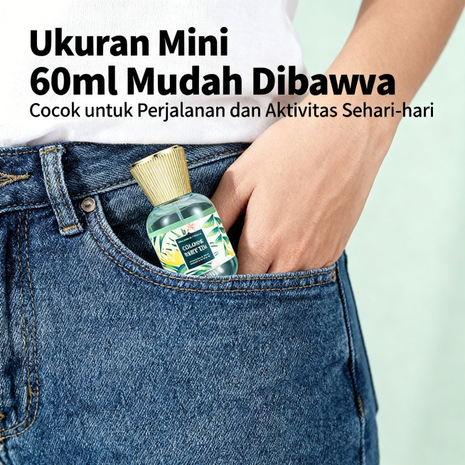 便携卖点·60ml随身小巧设计，主标题"Ukuran Mini 60ml Mudah Dibawa"，副标题"Cocok untuk Perjalanan dan Aktivitas Sehari-h预览效果
