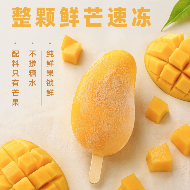 [主图-2] 展示整颗鲜芒核心卖点，突出配料纯净优势。
[氛围风格] 简约干净食材展示风格
[画质] 商业美食摄影质感，光线通透自然，产品清晰真实，画面干净高级
[元素] 保持芒巧冰整支冻芒果产品外观预览效果