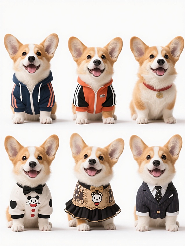 六只姿态相同、表情欢快、特征一致的柯基幼犬，每只穿着完全不同的时尚服装（如休闲装、运动服、礼服、卡通主题装、复古风装、职业风装），保持原照片的高清晰度、写实摄影风格、明亮均匀的光影、清晰的毛发纹理和纯色白色背景，整体画面色彩进行统一变换，六只狗狗以规整的矩阵式排布形成系列素材集合，无任何文字、LOGO、二维码及多余元素。
