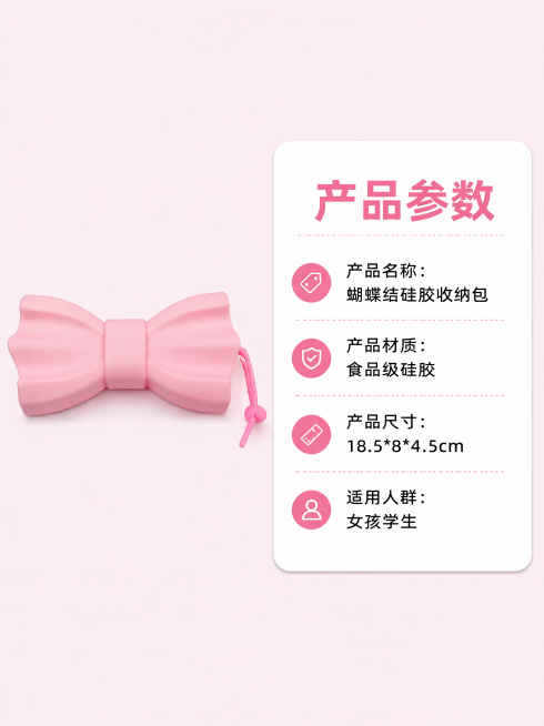 [第5屏] 规格参数展示-蝴蝶结硅胶收纳包尺寸信息卡。
[氛围/风格] 清晰简约展示风，干净商业设计质感。
[元素布局] 浅粉色蝴蝶结硅胶收纳包放在画面左侧，右侧为参数信息卡。保持产品外观颜色材质与原预览效果