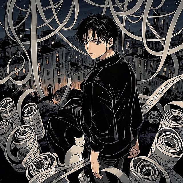 神秘夜景中，动漫风少年与白猫相伴，超现实主义的纸卷环绕，营造出梦幻氛围。