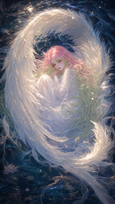 参考图中人物，保留发型和发色，超现实主义插画，笔触细腻，肌理丰富，以繁复精细的手法和细腻厚涂的技巧，打造出唯美手绘的明艳色彩画面，画质超高清。画面中心是一位谪仙般绝美女，长发披散铺开，白色纱织仙衣，被预览效果