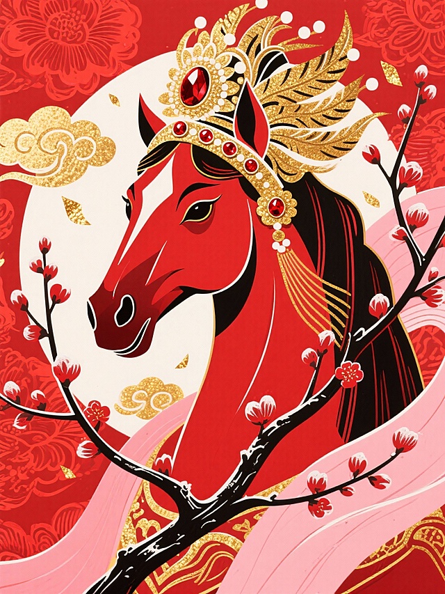 主体是带有凤冠霞帔戏曲头饰的赤红马头（头饰镶红宝石与金箔，眉眼描金，神态端庄），搭配弯折的红梅枝桠（花苞绽放，带霜感），以大红为基底、缠枝莲荧光纹为暗纹背景。构图以马头为视觉核心，周身环绕金色祥云与飘落金箔，点缀戏曲水袖元素，整体色调红、金、梅粉交织，国潮戏曲氛围浓厚。