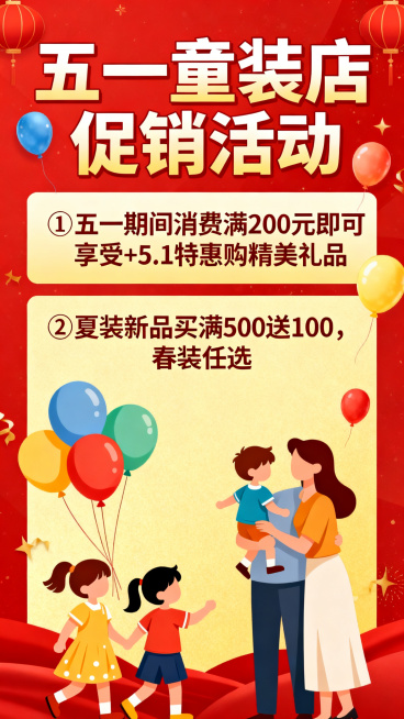 五一童装店促销活动海报，红色喜庆背景。包含活动文案：①五一期间消费满200元即可享受+5.1特惠购精美礼品；②夏装新品买满500送100，春装任选。整体风格热闹活泼吸引亲子顾客，排版清晰突出优惠信息预览效果