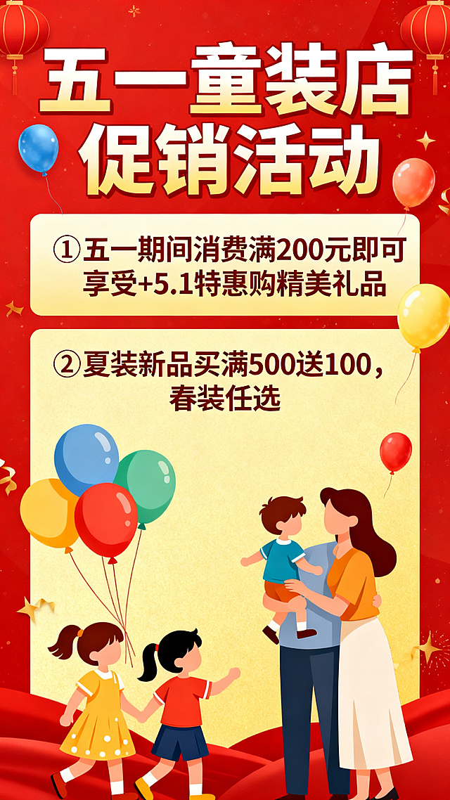 五一童装店促销活动海报，红色喜庆背景。包含活动文案：①五一期间消费满200元即可享受+5.1特惠购精美礼品；②夏装新品买满500送100，春装任选。整体风格热闹活泼吸引亲子顾客，排版清晰突出优惠信息