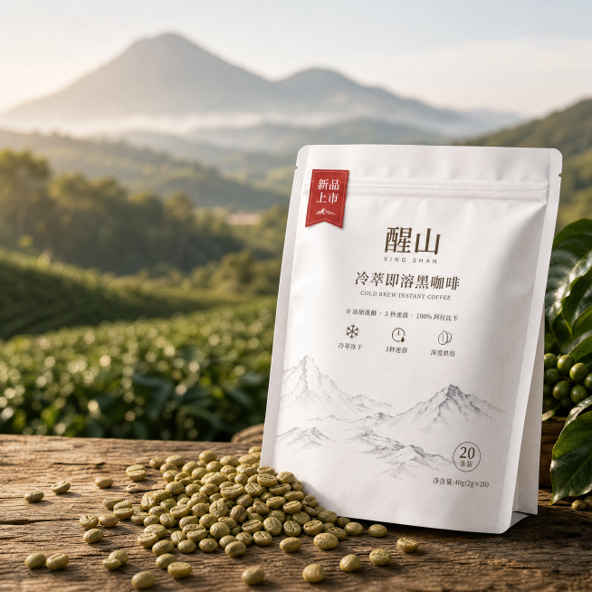 [主图] 醒山冷萃即溶黑咖啡产地原料展示主图；保持醒山咖啡包装袋外观（物理结构、材质质感、颜色）与原产品一致，杜绝变形和色差；[氛围风格] 自然原生产地氛围，清晨宁静质感；[画质] 商业摄影质感，清晰预览效果