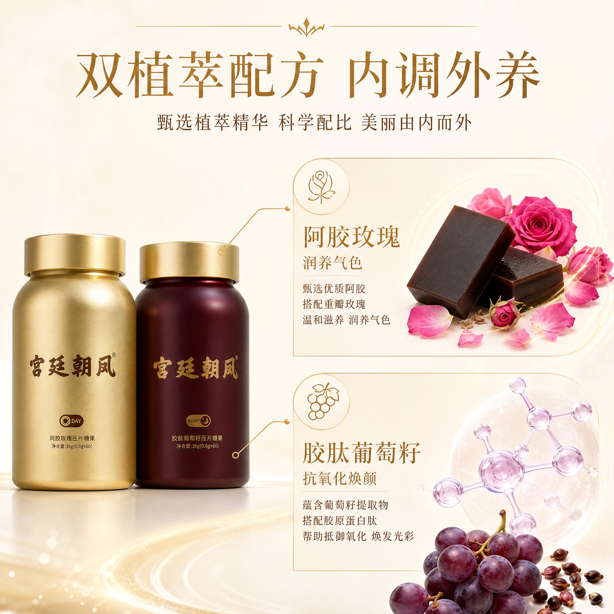 [主图-2] 宫廷朝凤 阿胶玫瑰+胶肽葡萄籽压片糖果套盒 核心… - 图片创意预览