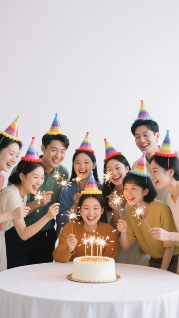 一张生日派对场景的背景图，采用简约明亮的摄影风格，主体为一群戴着彩色生日帽的人们，他们手持闪烁的仙女棒，围绕着一个圆形的生日蛋糕，脸上洋溢着欢快的笑容。整体色调以白色背景为主，搭配人物服饰的多彩元素，营造出轻松愉悦的氛围。光线均匀柔和，突出人物的表情和动作细节，构图饱满，人物分布自然，充满热闹喜庆的派对气息。预览效果