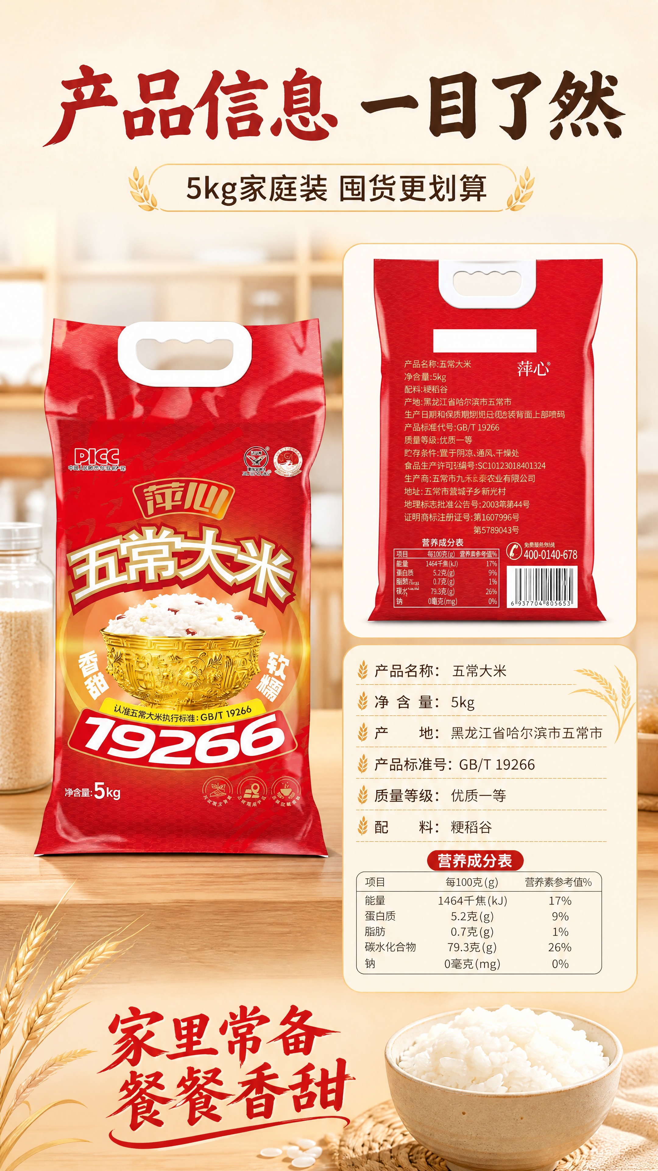 [商品] 使用【图1】萍心五常大米5kg红色包装（正反两面）；… - 图片创意预览