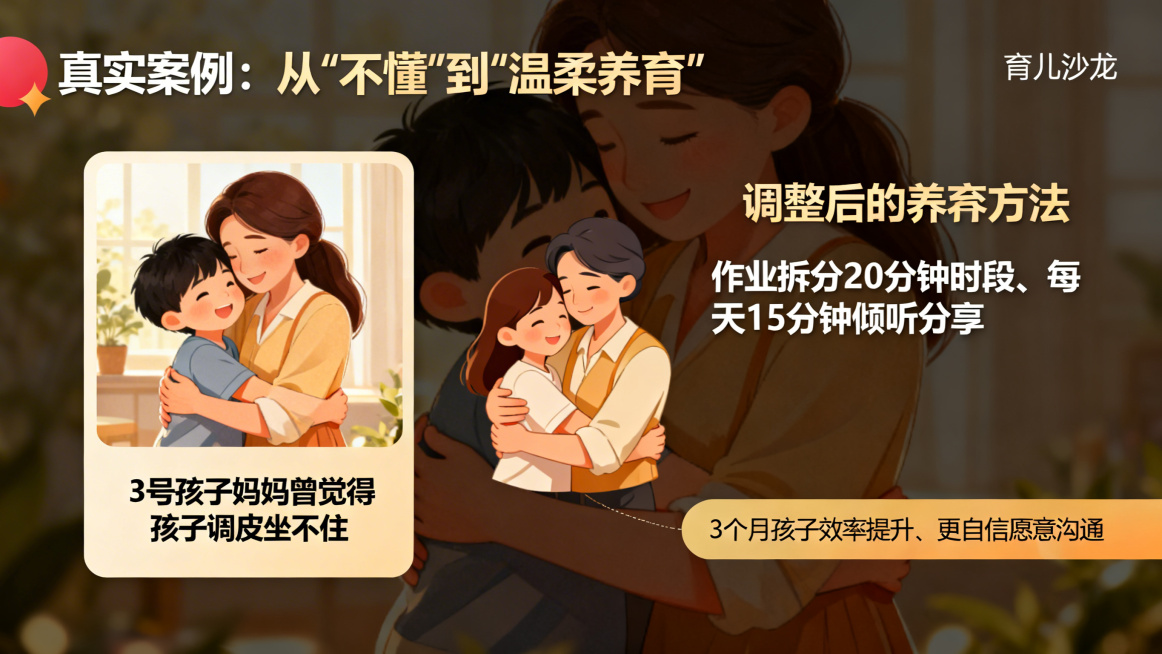 育儿沙龙PPT案例拆解页，风格统一，顶部标题'真实案例：从'不懂'到'温柔养育''，左侧展示案例背景：3号孩子妈妈曾觉得孩子调皮坐不住，右侧展示调整后的养育方法：作业拆分20分钟时段、每天15分钟倾听预览效果