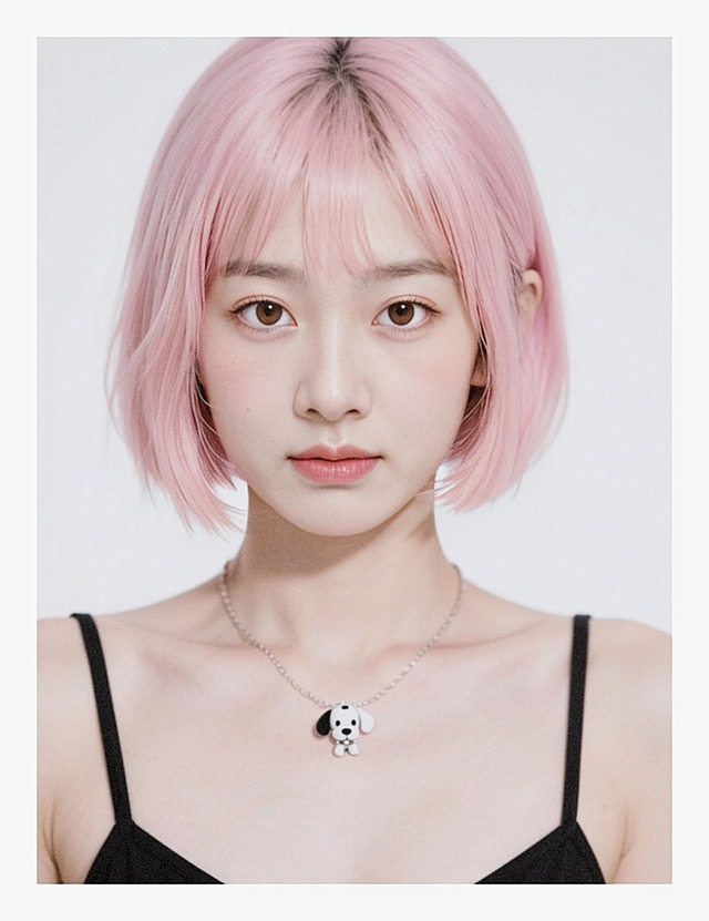 一个美女，粉色短发，黑色吊带，戴小狗项链，白色背景
