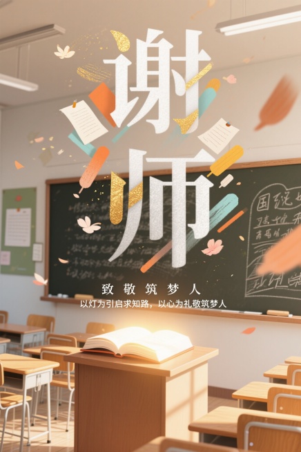 感恩教师节海报，阳光明媚的教室场景，黑板上有工整的板书，课桌椅整齐排列。画面中央是立体粉笔字“谢”“师”，周围环绕着五颜六色的粉笔灰质感，仿佛刚写完字的粉笔末飘散在空中。讲台上有一本展开的发光书本，透预览效果