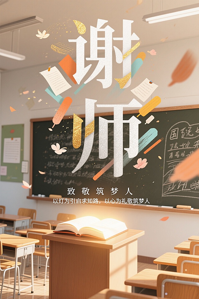 清新水彩插画风，大字“谢师”文艺感十足，致敬教师节。