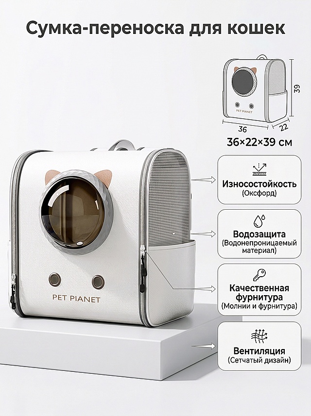 Ozon电商详情副图，商业产品摄影风格，8K超清，质感细腻，无水印，柔和均匀的无影棚拍光影。主体是猫咪双肩宠物包，基于参考图的产品，放置在哑光白低矮展台上，包包轻微45°侧摆，完整展示包型与核心设计。背景是纯白干净背景，无多余杂物。画面最顶部正中央，用俄区极简黑体深灰大字标注主标题"Сумка-переноска для кошек"。右侧留白区排版：顶部标注标准尺寸长宽高示意图，精准标注尺寸：36×22×39cm，清晰醒目；下方4个等大极简圆角细节框，分区排版、间距宽松，每个框配对应俄文卖点+细箭头引导看点：第一个框写"Износостойкость 耐磨，牛津布面料"，第二个框写"Водозащита 防水，防水材质"，第三个框写"Качественная фурнитура 优质五金，拉链配件"，第四个框写"Вентиляция 透气，网面设计"。整体留白充足，主次分明，买家一眼看懂产品大小与核心卖点，画面清爽不杂乱，符合俄罗斯Ozon平台电商审美。